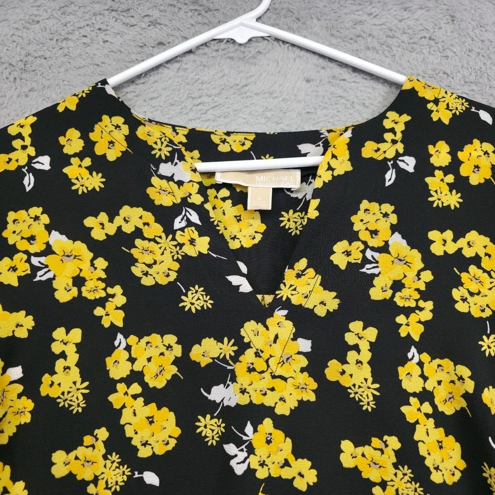 Michael Kors Top Womens L Black Yellow Tie Sleeve Floral Colorful Resort Elegant